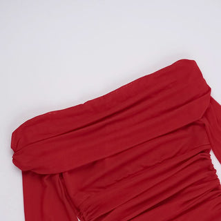 Off shoulder long sleeve slit mesh ruched mini dress