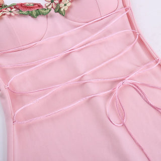 Self tie flower applique square neck cami mini dress