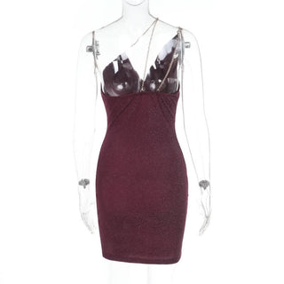 Cowl neck hollow out o ring metal chain cami cut out mini dress