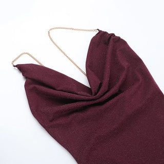 Cowl neck hollow out o ring metal chain cami cut out mini dress