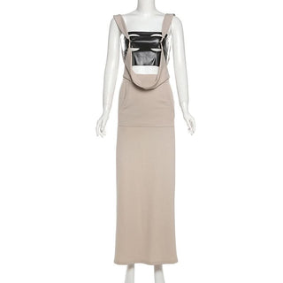 PU leather patchwork hollow out cami cut out maxi dress