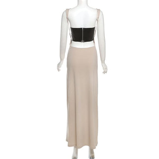 PU leather patchwork hollow out cami cut out maxi dress