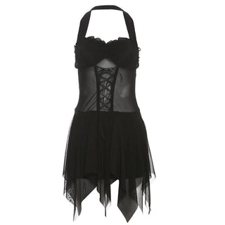 Halter ruffle mesh lace up mini dress