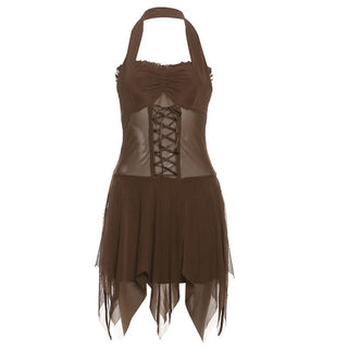 Halter ruffle mesh lace up mini dress