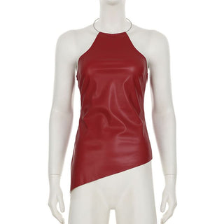 Halter PU leather irregular zip-up top
