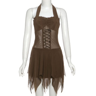 Halter ruffle mesh lace up mini dress