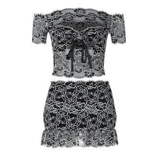Off shoulder hollow out lace mini skirt set