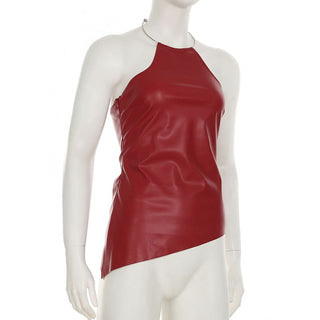 Halter PU leather irregular zip-up top