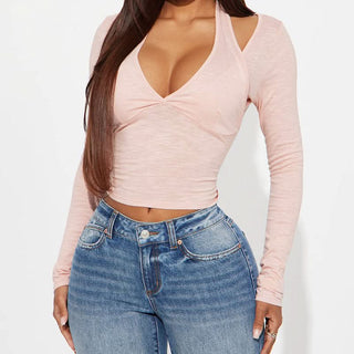 Long sleeve halter solid top