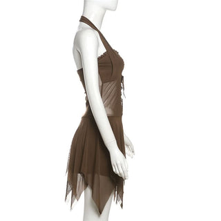 Halter ruffle mesh lace up mini dress