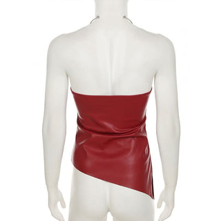Halter PU leather irregular zip-up top