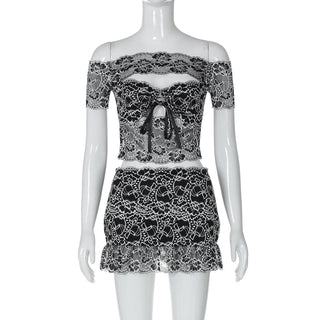 Off shoulder hollow out lace mini skirt set
