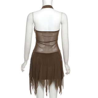 Halter ruffle mesh lace up mini dress