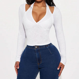 Long sleeve halter solid top