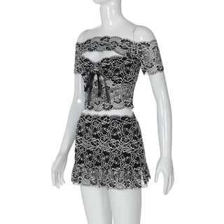 Off shoulder hollow out lace mini skirt set