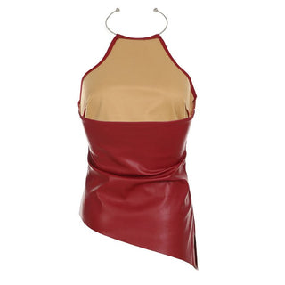 Halter PU leather irregular zip-up top