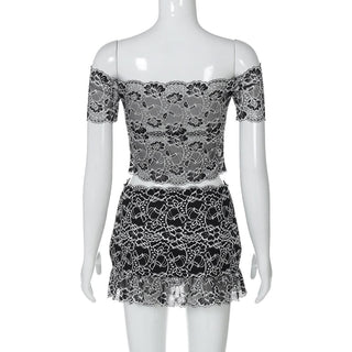 Off shoulder hollow out lace mini skirt set