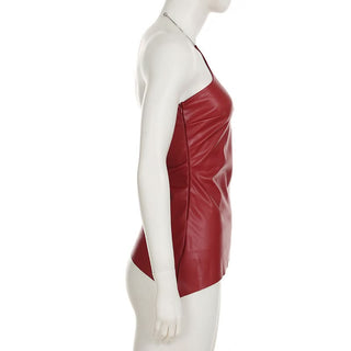 Halter PU leather irregular zip-up top