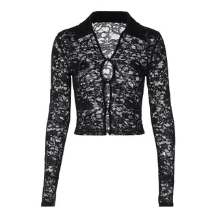 Long sleeve turnover collar lace button top