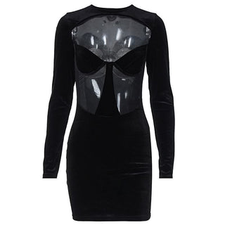 Long sleeve hollow out velvet cut out mini dress