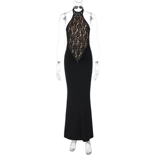 Halter backless lace ruched maxi dress