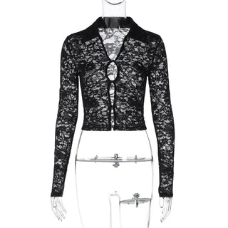 Long sleeve turnover collar lace button top