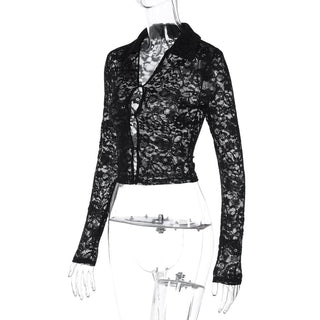 Long sleeve turnover collar lace button top