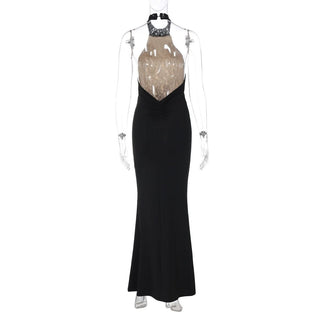 Halter backless lace ruched maxi dress
