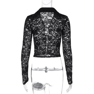 Long sleeve turnover collar lace button top