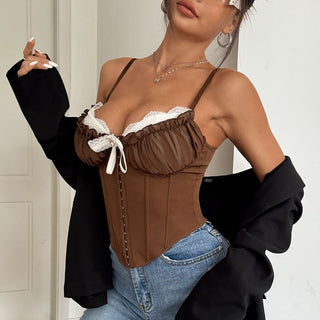 Lace hem bowknot corset ruched cami top