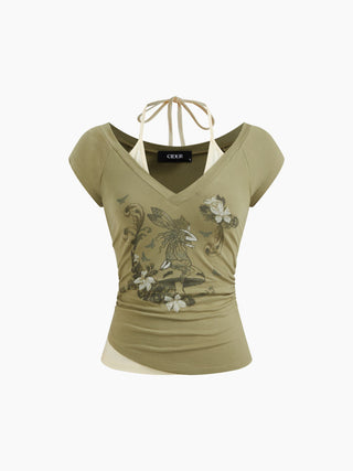 Cotton-blend Halter Neckline Graphic Two Tone Ruched Top