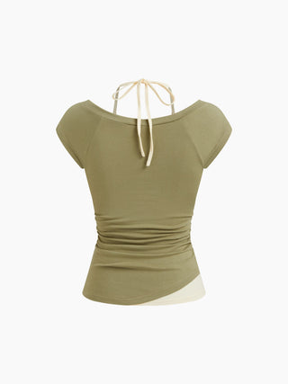 Cotton-blend Halter Neckline Graphic Two Tone Ruched Top