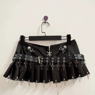 Pleated zip-up belt skull applique mini skirt