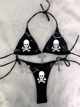 Halter self tie beaded cross applique short pant set