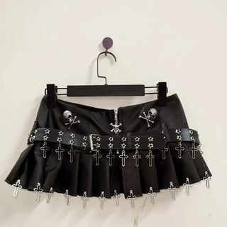 Pleated zip-up belt skull applique mini skirt