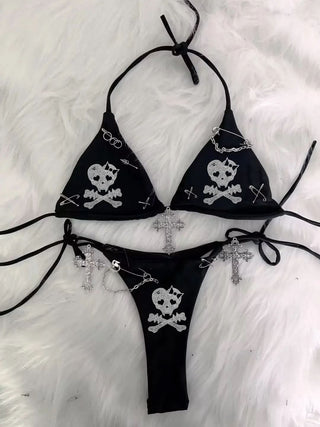 Halter self tie beaded cross applique short pant set