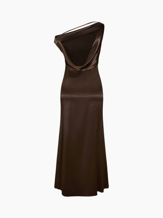 Satin Asymmetrical Neck Backless Maxi Dress