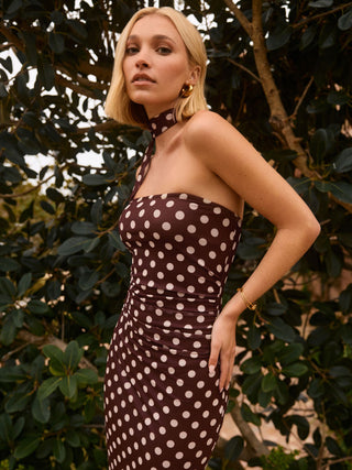 Mesh Halter Neckline Polka Dot Ruched Midi Dress