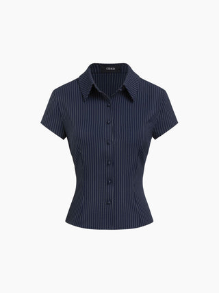 Woven Collar Stripe Short Sleeve Shirt For School