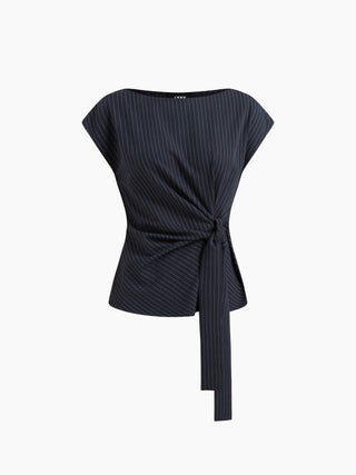 Woven Boat Neck Stripe Knotted Oversized Top For Work