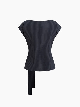 Woven Boat Neck Stripe Knotted Oversized Top For Work