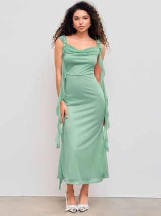 Cowl Neck Solid Glitter Ruffle Hem Maxi Dress