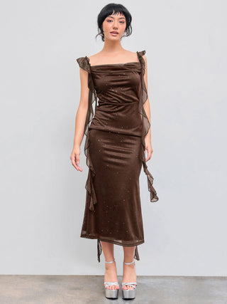 Cowl Neck Solid Glitter Ruffle Hem Maxi Dress