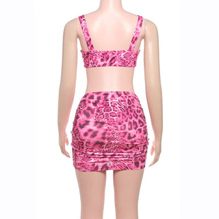 Leopard print drawstring ruched cami mini skirt set