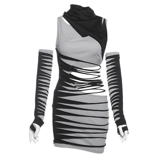 Irregular hollow out gloves ribbed high neck cut out mini dress