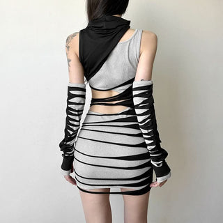 Irregular hollow out gloves ribbed high neck cut out mini dress