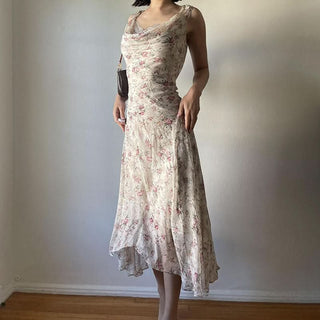 Cowl neck flower print mesh contrast midi dress