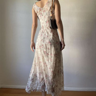 Cowl neck flower print mesh contrast midi dress