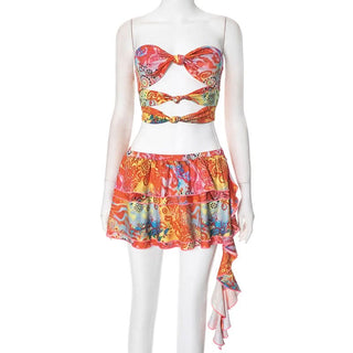 Hollow out print ruffle A line tube mini skirt set