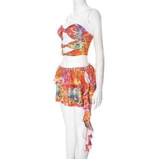 Hollow out print ruffle A line tube mini skirt set